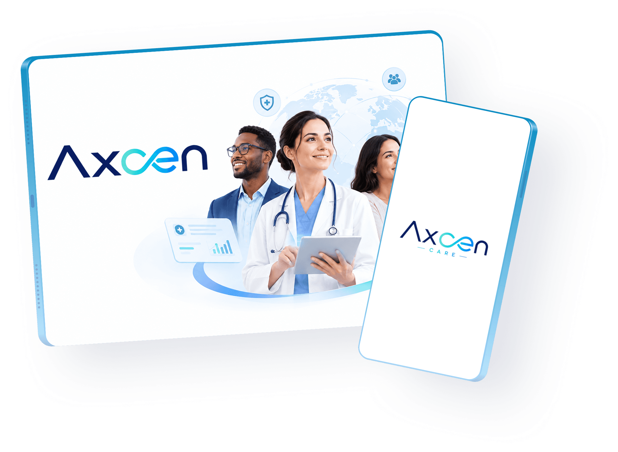 Tablette et smartphone aux couleurs d’AXCEN et d’AXCEN Care, devant une équipe de professionnels de santé