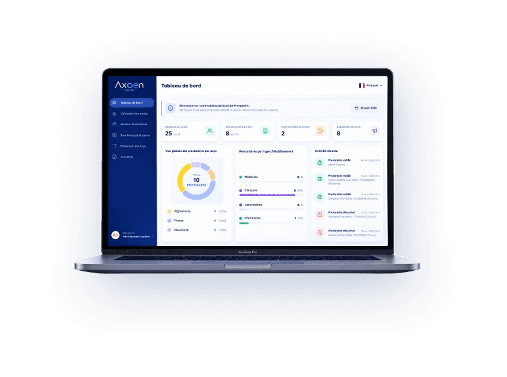 Tableau de bord prestataire AXCEN Network sur ordinateur portable