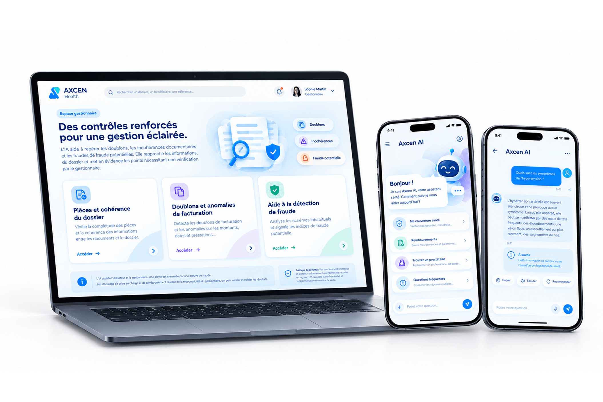 AXCEN Health sur ordinateur et smartphones : contrôles renforcés des dossiers et assistant AXCEN AI