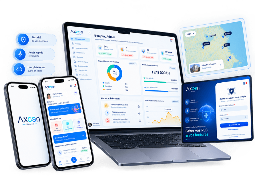 Applications AXCEN sur ordinateur portable, tablette et smartphones : tableau de bord, carte du réseau et portail prestataire