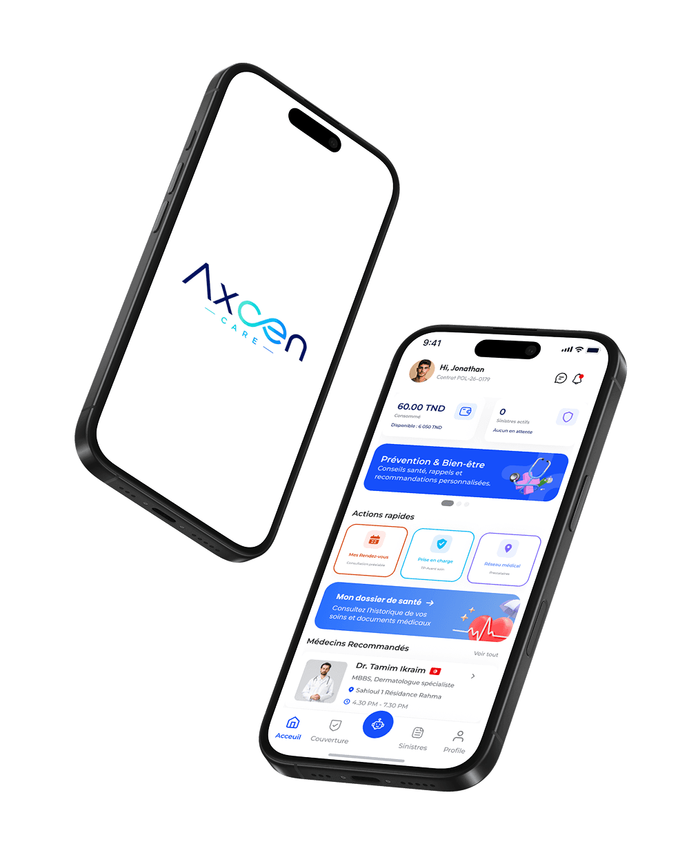 Application mobile AXCEN Care : accueil de l’assuré, actions rapides et médecins recommandés