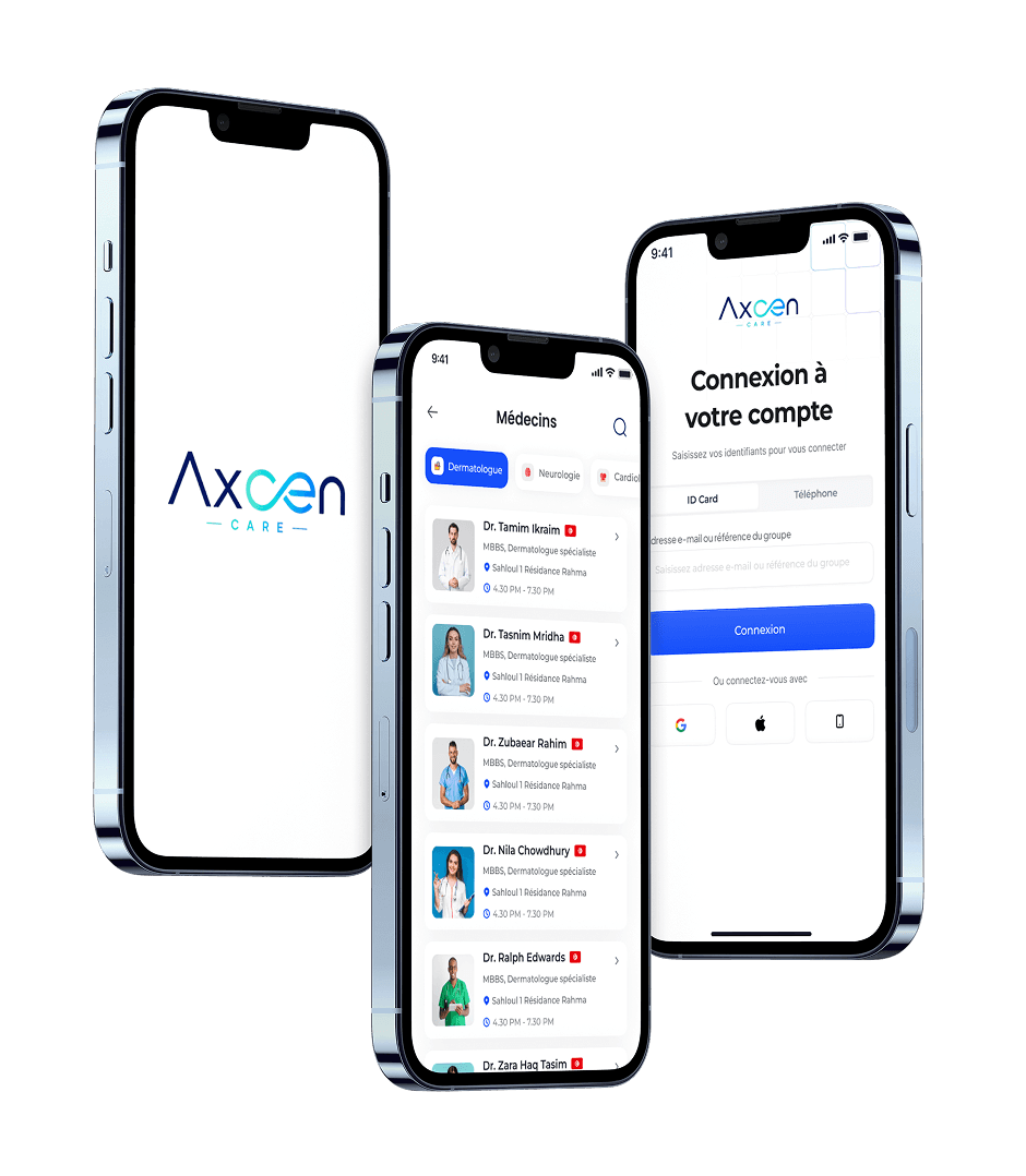 Application mobile AXCEN Care : écran de connexion et liste des médecins