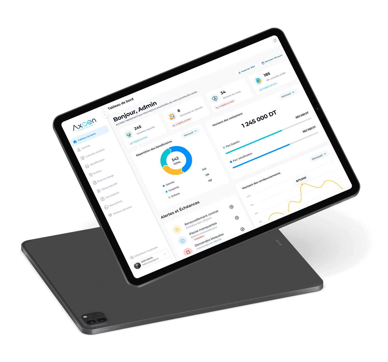 Tableau de bord AXCEN Corporate sur tablette : bénéficiaires, cotisations et alertes