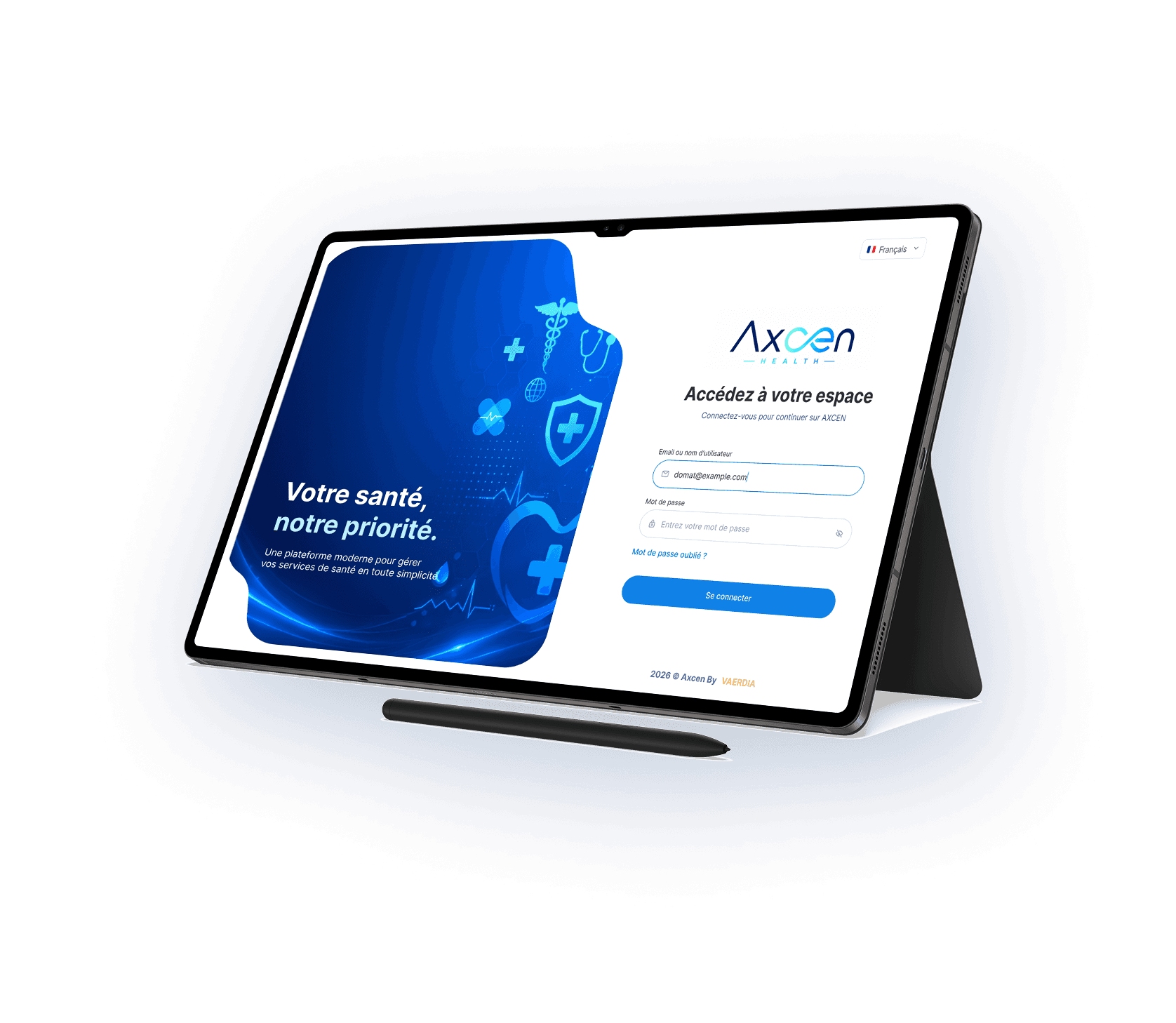 Écran de connexion AXCEN Health sur tablette : « Votre santé, notre priorité »