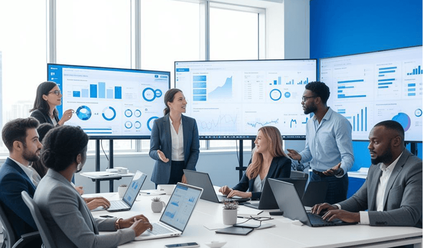 Équipe réunie autour d’écrans de tableaux de bord et d’ordinateurs portables dans un bureau lumineux