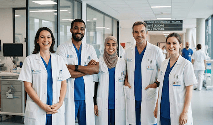 Équipe médicale pluriculturelle souriante en blouses blanches dans un centre de soins moderne