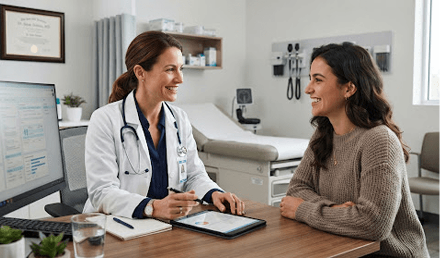 Médecin souriante échangeant avec une patiente devant une tablette dans un cabinet médical