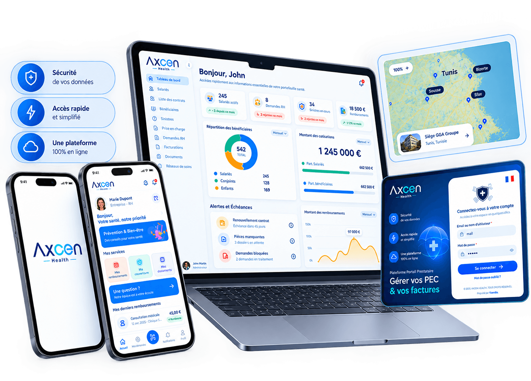 Applications AXCEN sur ordinateur portable, tablette et smartphones : tableau de bord, carte du réseau et portail prestataire